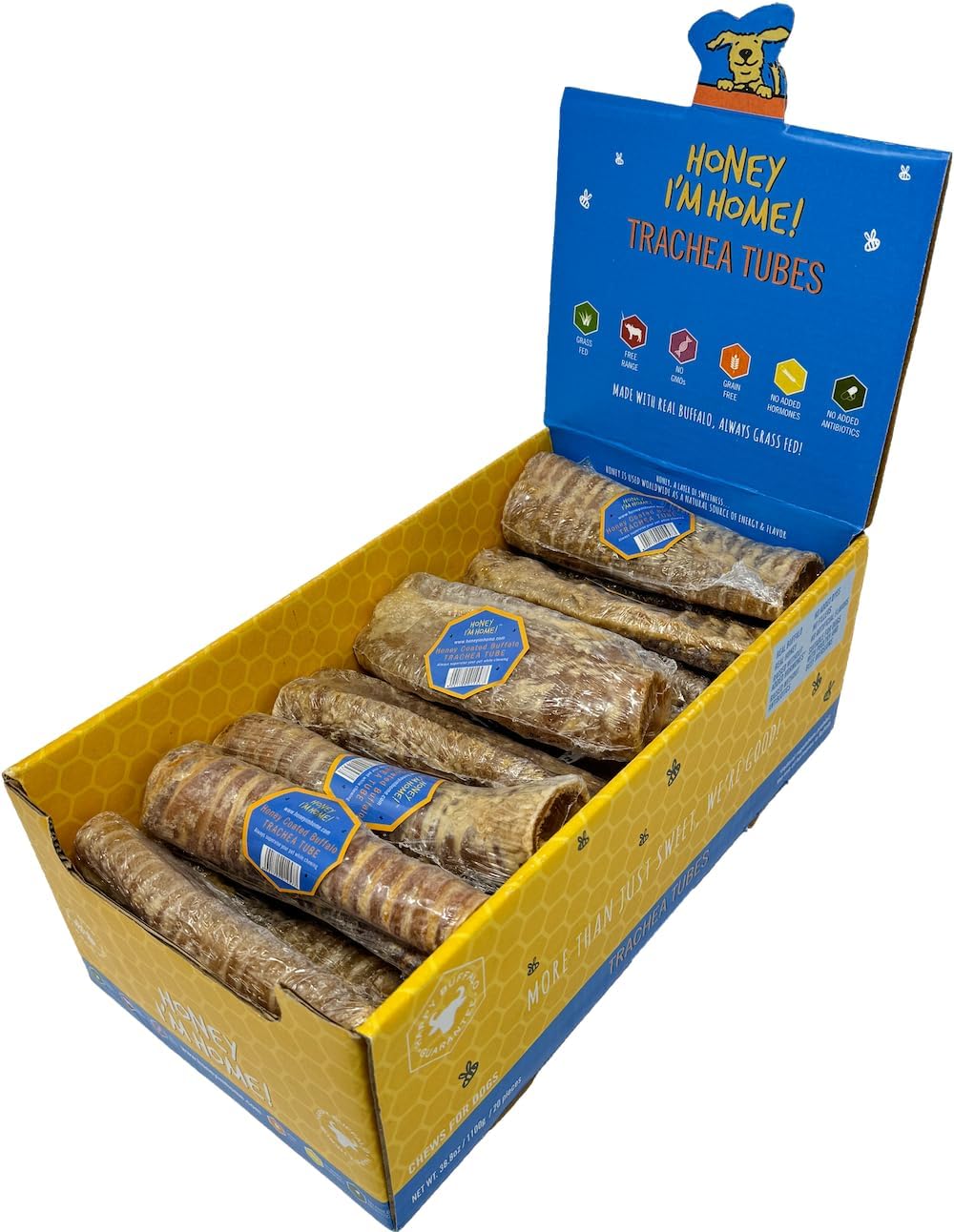 Honey I'm Home Natural Honey Coated Buffalo Dog Treats, Trachea Tubes Bulk 20 Count Bulk Box