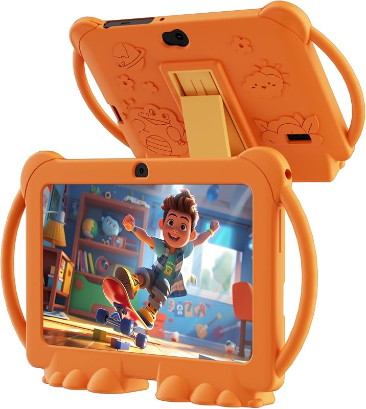 Kids Tablet 7 inch Android 12.0 for Toddler, 4GB RAM 32GB ROM Bluetooth IPS Screen Parental Control Dual Camera Shockproof Case for Educational Games (Orange)