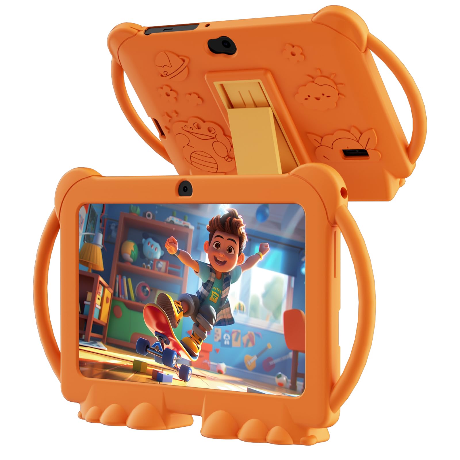 PEICHENG Kids Tablet 7 inch Android 12.0 for Toddler, 4GB RAM 32GB ROM Bluetooth IPS Screen Parental Control Dual Camera Shockproof Case for Educational Games (Orange)-image-4