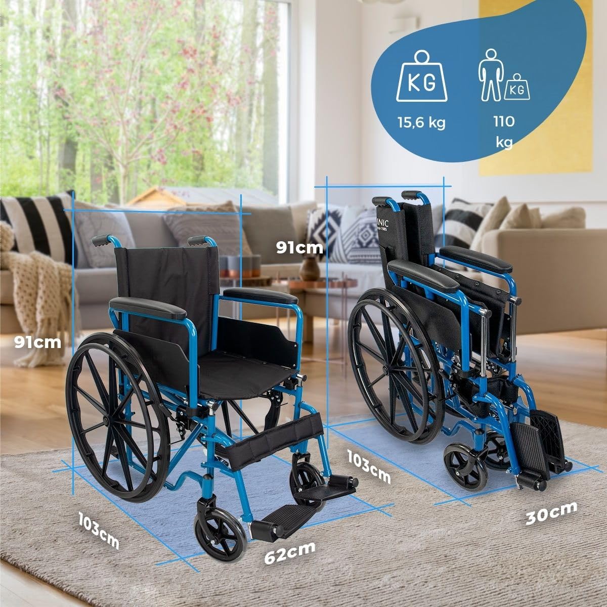 Mobiclinic®, Silla de ruedas plegable, Autopropulsable, Extracción rápida pulsando un botón, Asiento 46 cm, Reposapiés y reposabrazos abatibles, Palanca freno, Resistente, Azul, Marsella