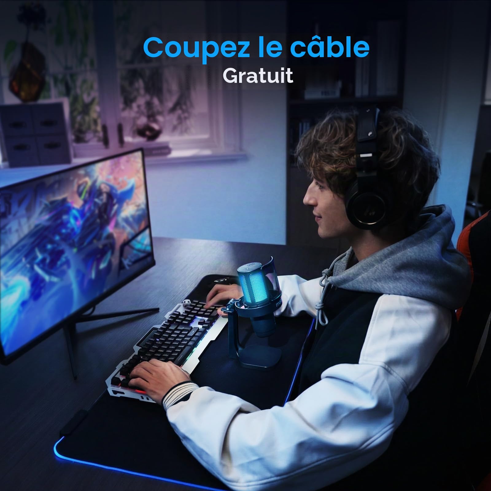 MAONO DGM20W Micro Gaming sans Fil pour PC, Micro USB & 2,4 GHz pour Streaming avec Éclairage RGB, Réduction du Bruit, Logiciel, Tap-to-Mute & Monitoring en Temps Réel pour Gaming, Twitch & Discord