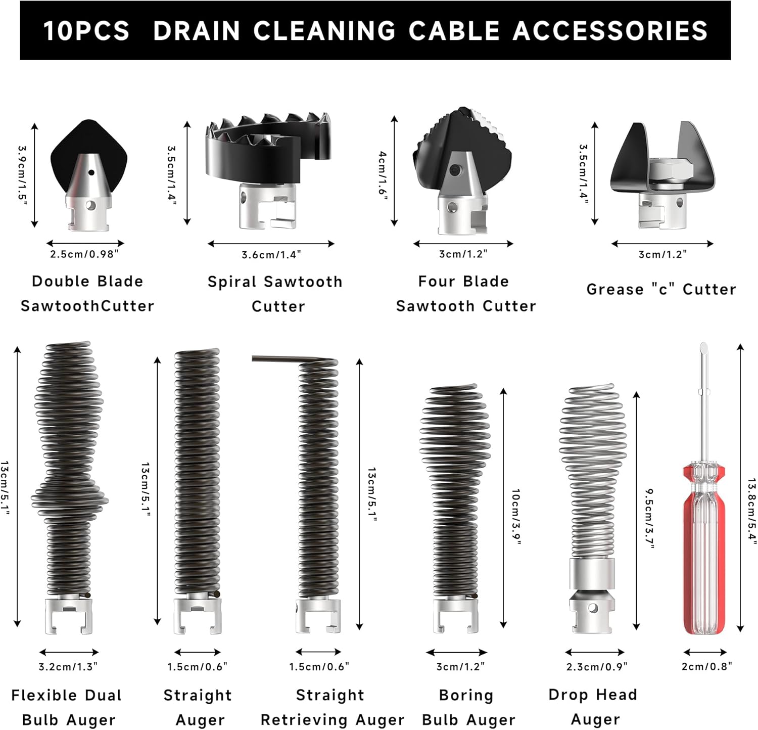 10-Piece Drain Cleaning Kit, Clog Removal Set with Heavy-Duty Plunger, Auger Snake, Wrench & Tools for 5/16-inch to 3/4-inch Drain Snake Cable – for Sink, Toilet, Shower & Drainpipes