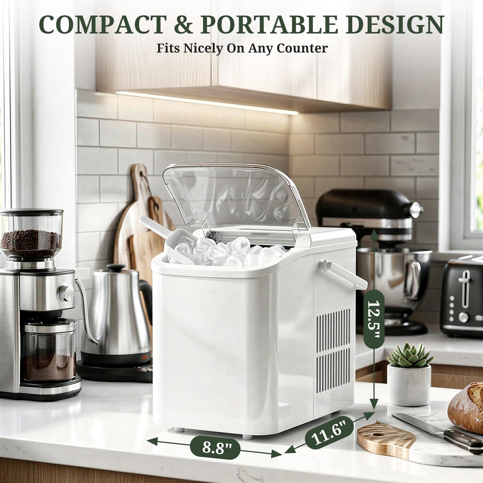 Ice Maker, Portable Ice Makers Countertop with Handle, Basket & Scoop, 26Lbs/24Hrs, 9 Bullet Ice Cubes in 6 Mins, 2 Ice Sizes, Self-Cleaning, Quiet Compact Ice Machine for Home Kitchen Party, White on Fridge.com