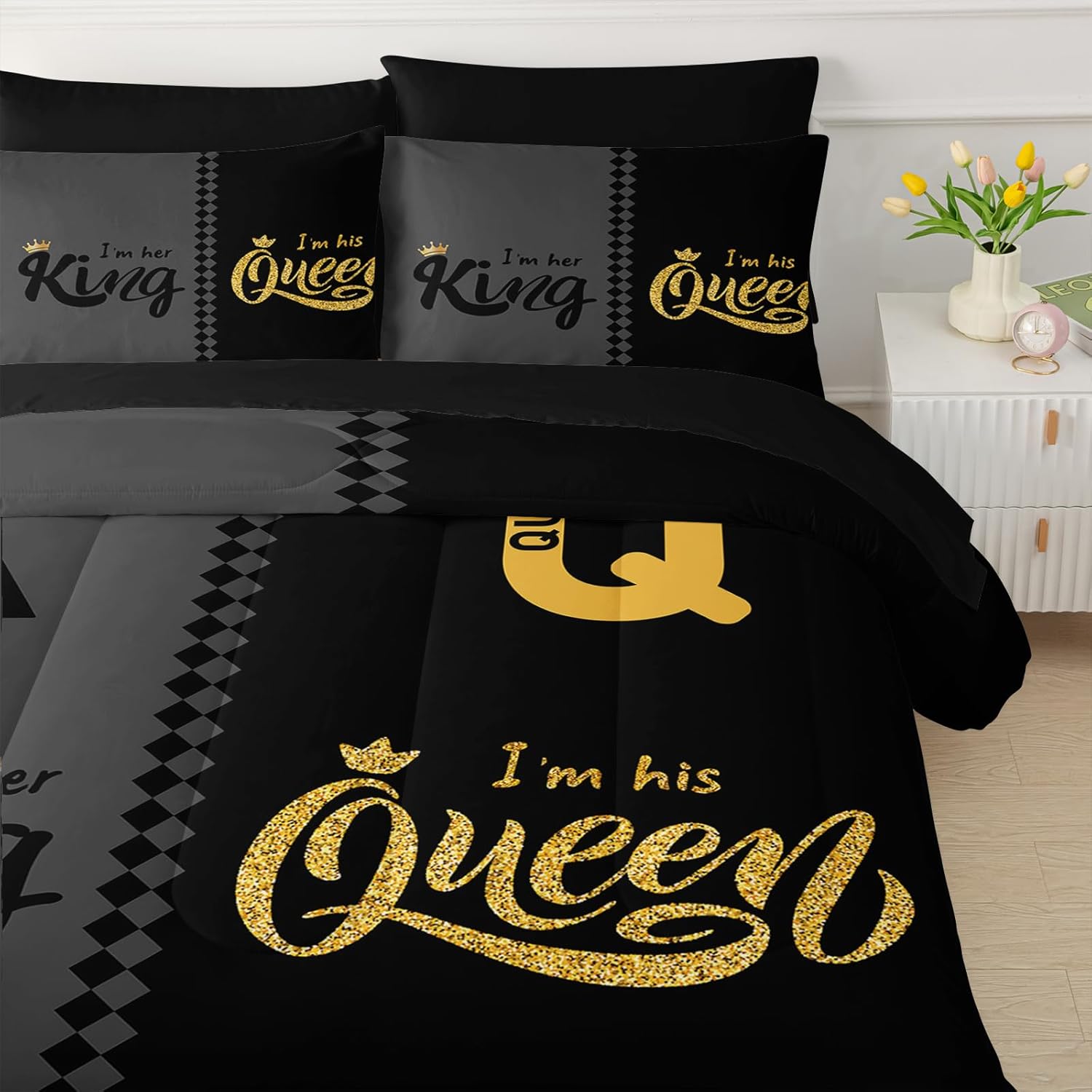 QOOMO Crown Queen and King 7 Pieces Comforter Set Full Size,Couple Bedding Set for Kids Teens Girls-Include 1 Comforter,1 Fitted Sheet,1 Flat Sheet,2 Printing Pillowcases and 2 Black Pillowcases