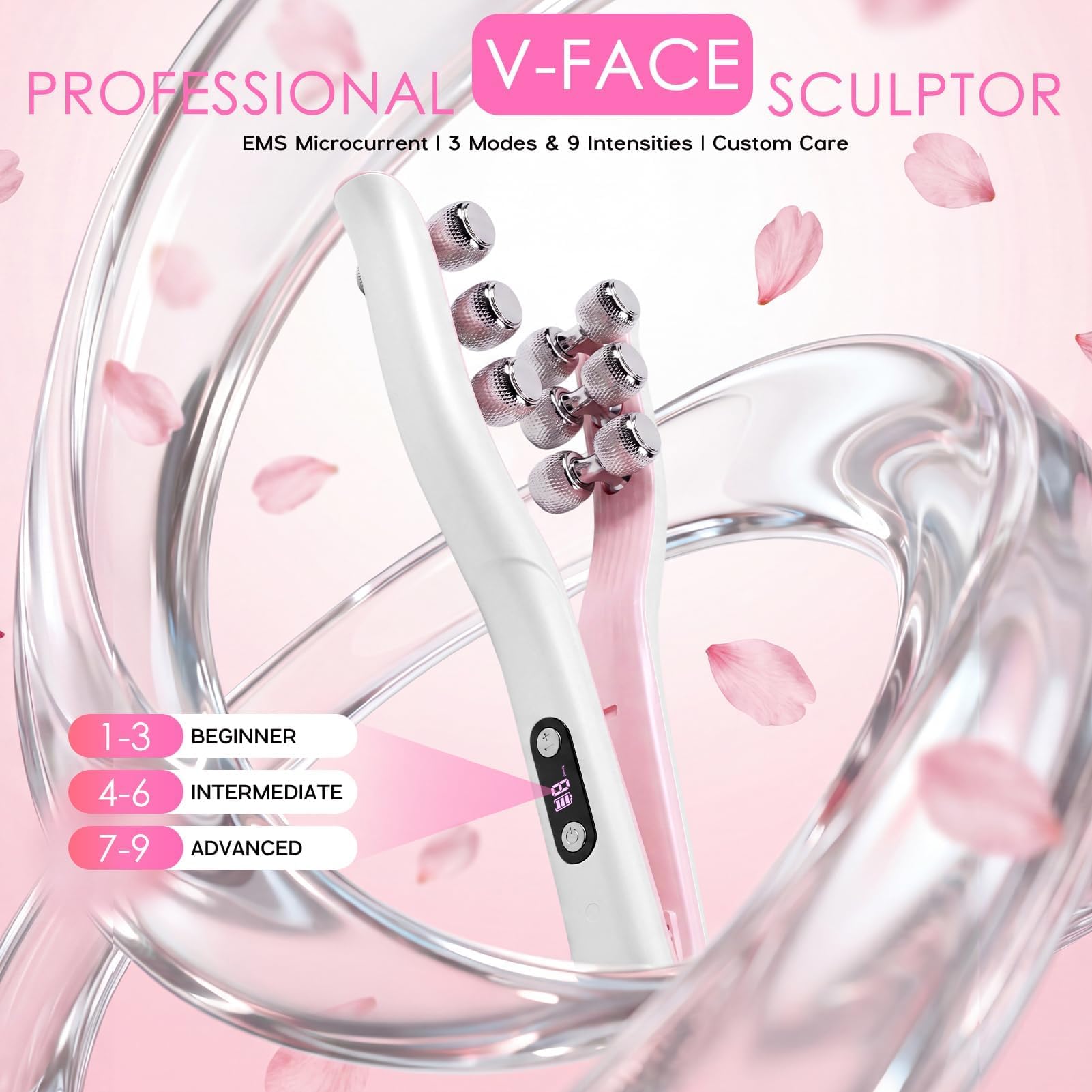 Massaggiatore viso elettrico 12 rulli, 3 modalità, ricaricabile USB | Design ergonomico a C, 9 livelli intensità per modellare contorni, tonificare pelle e ridurre gonfiori casa e viaggi.