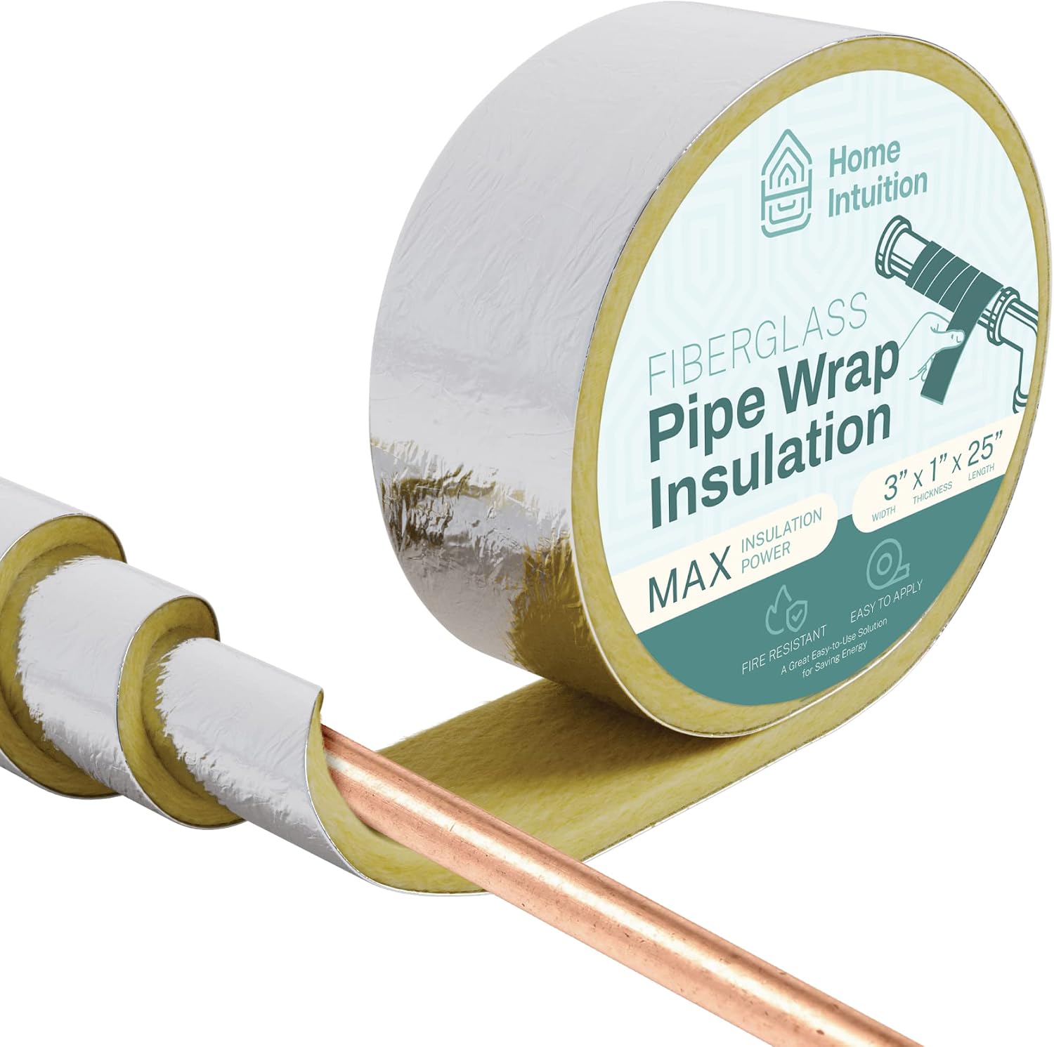 Home Intuition 25 Foot Foiled Back Fiberglass Pipe Insulation Wrap, 3" Wide x 1" Thick