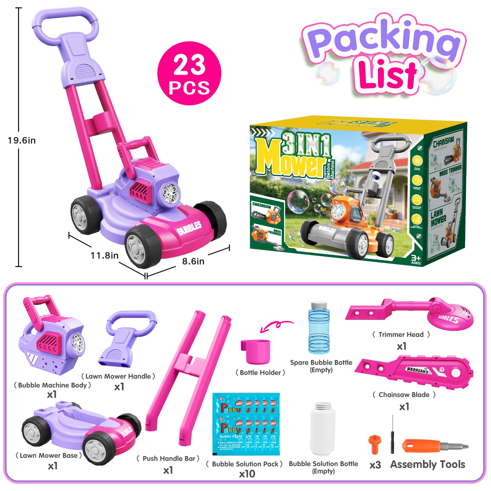 Tosaerba Spara Bolle per Bambini, Macchina per Bolle 3-in-1 con 10 Soluzioni, Giochi all'Aperto per Bambini 3-8 Anni, Regalo di Compleanno Pasqua Estate per Ragazzi e Ragazze 3 4 5 6 7 8 Anni