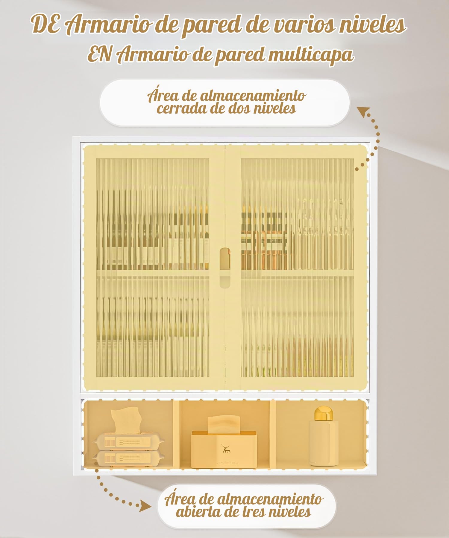 YORBAY Armario de Baño Pared con 2 Puerta Magnética Transparente y Compartimento Abierto, Armario Botiquín de Bambú para Baño, Alacena de Colgar Que Ahorra Espacio, 22 x 59 x 66 cm (Blanco)