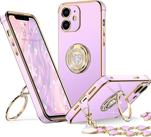 Miniatura 45 de XYZ Funda para iPhone 14 con soporte, funda para teléfono con soporte de doble anillo, para mujeres y niñas, funda transparente con purpurina de Oro