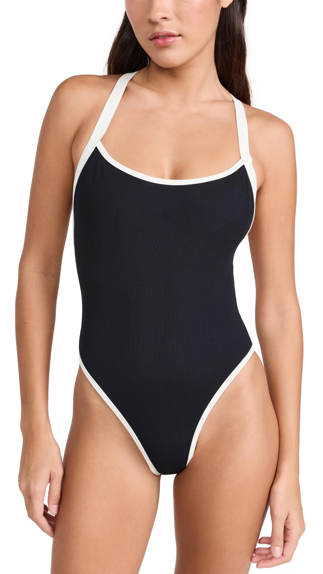 L Space Ribbed Baewatch One Piece Swimsuit for Women Classic Coverage Low Back with Criss Cross Straps Scoop