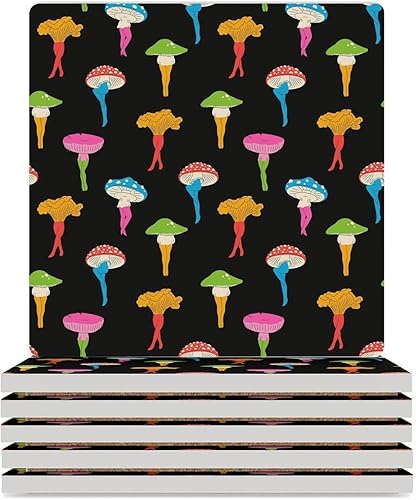 Miniatura 56 de Posavasos botánicos, posavasos redondos de cerámica redondos, 4 unidades, diseño de plantas vintage, diseño botánico de dibujos animados, hongos