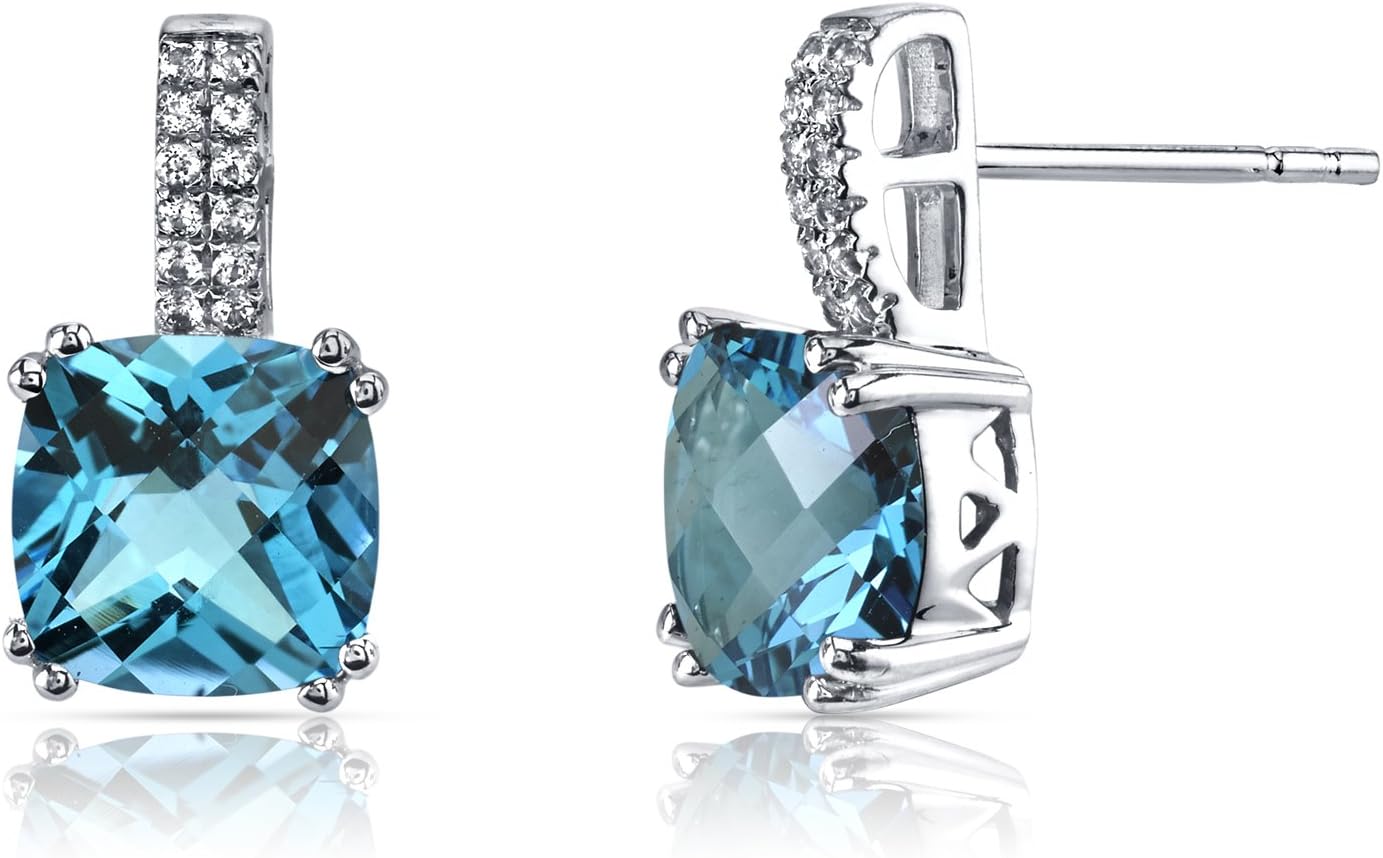 Peora 14K White Gold Swiss Blue Topaz and White Topaz Gallery Earrings for Women, Genuine Gemstone, 5 Carats total, Cushion Cut 8mm, Friction Backs, Sparkling Sky Blue Earrings,