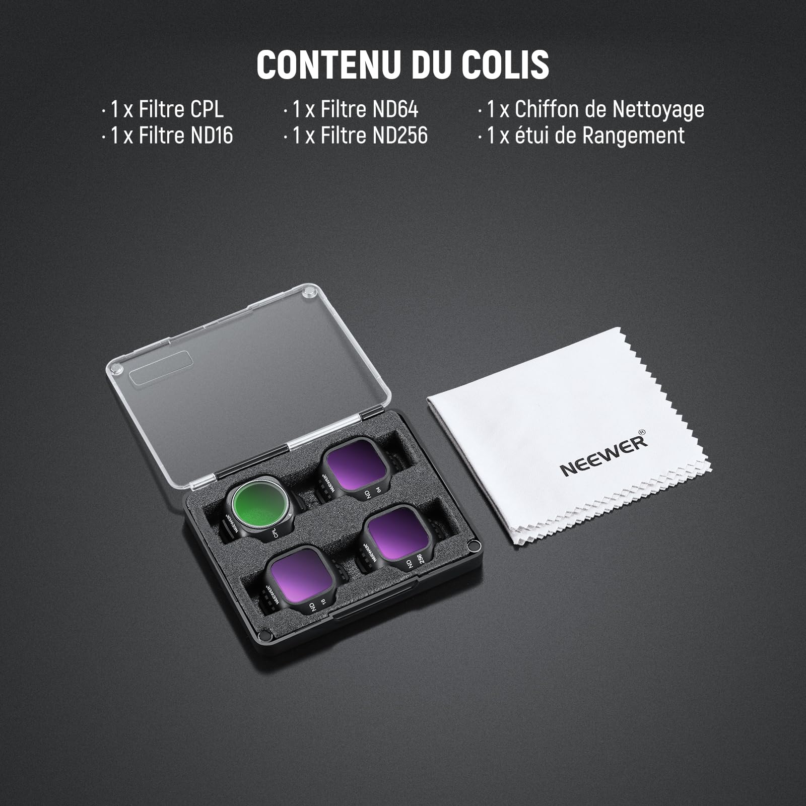 NEEWER Pack de 4 Filtres CPL ND Compatibles avec DJI Mini 5 Pro (CPL/ND16/ND64/ND256), Filtre Polarisant Circulaire à Densité Neutre, Accessoires de Photographie pour Drone