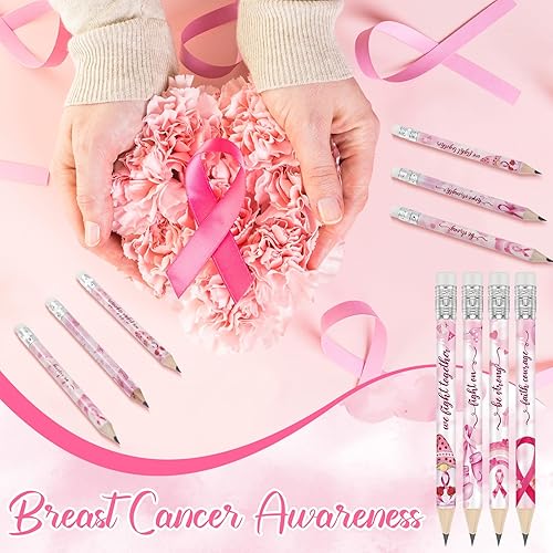 Miniatura 3 de Tinlade 60 lápices de concientización sobre el cáncer de mama con borradores, lápices de cinta rosa, lápices con caja de madera, artículos a granel
