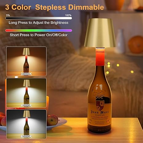 DUSKTEC DUSKTEC Wireless Bottle Lamp Shade, RGB LED Wine Bottle Lamp with Stopper, 3 Color Stepless Dimming Rechargeable Touch Wine Bottle Lights for Any Liquor Bottle Bars Restaurants (Gold, 2PCS) photo 5