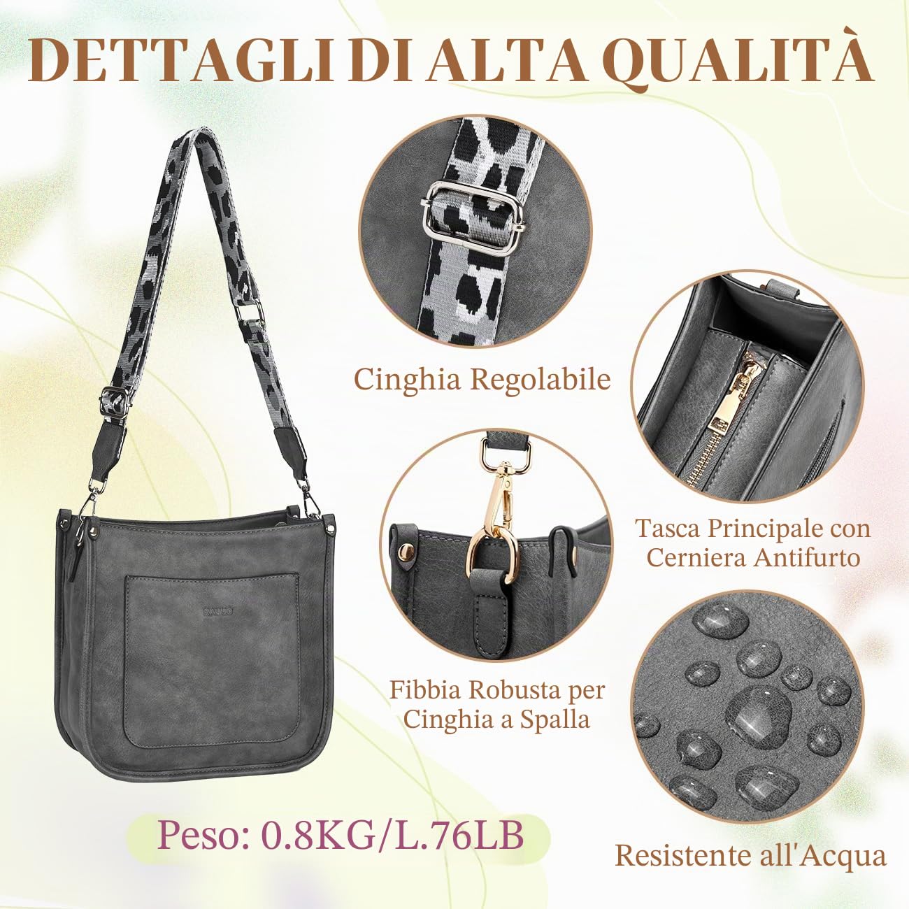 RAVUO Borsa a Tracolla Donna, Elegante Borsa a Spalla Donna Con 2 Cinturini Regolabili Borsa Pelle Impermeabile da Donna in Sintetica Pu con Tasche Multiple per Il Tempo Libero, Scuola, Viaggi
