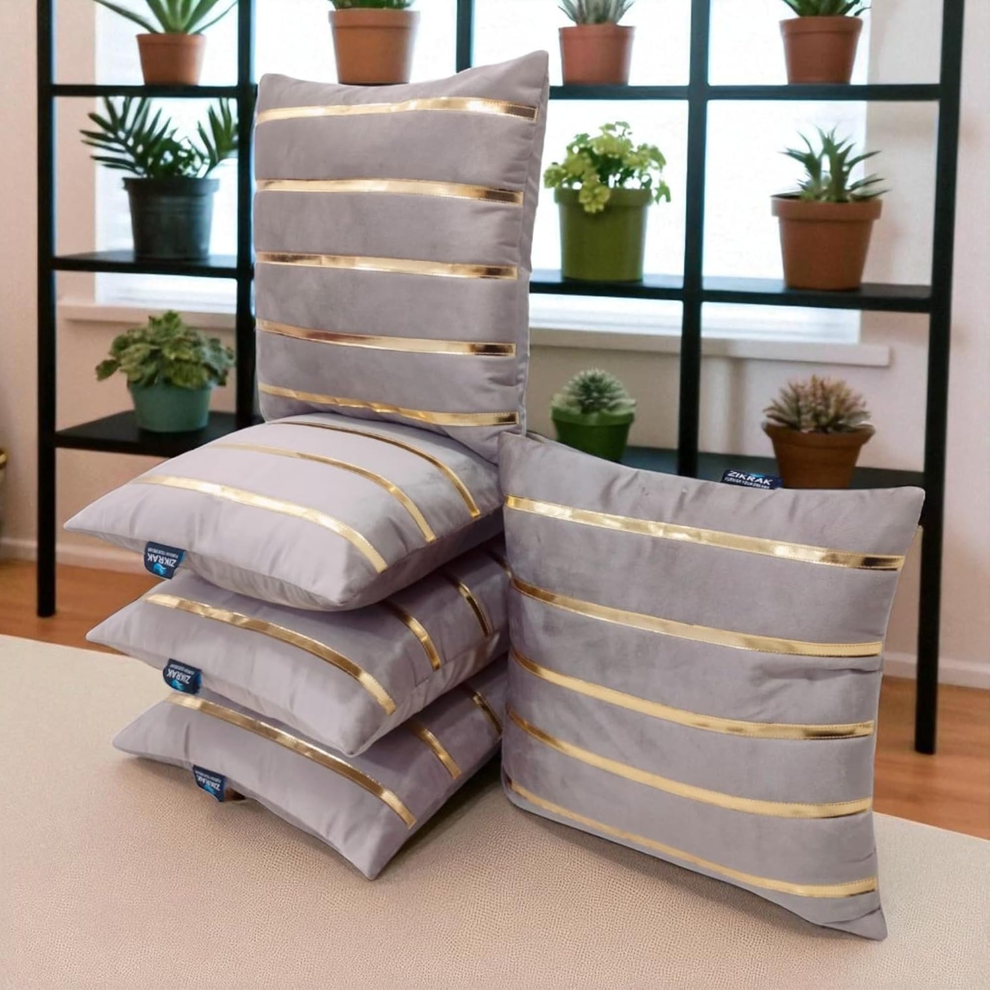Velvet Five Golden Stripes Cushion Cover Pack 5, Dusty-Pink
