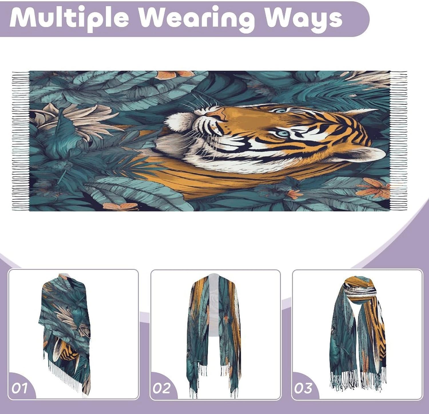 Tropical Tiger Winter Scarf for Women Soft Tassel Scarves Oversized Wraps Long Shawl Cold Weather Thick Blanket Scarfs
