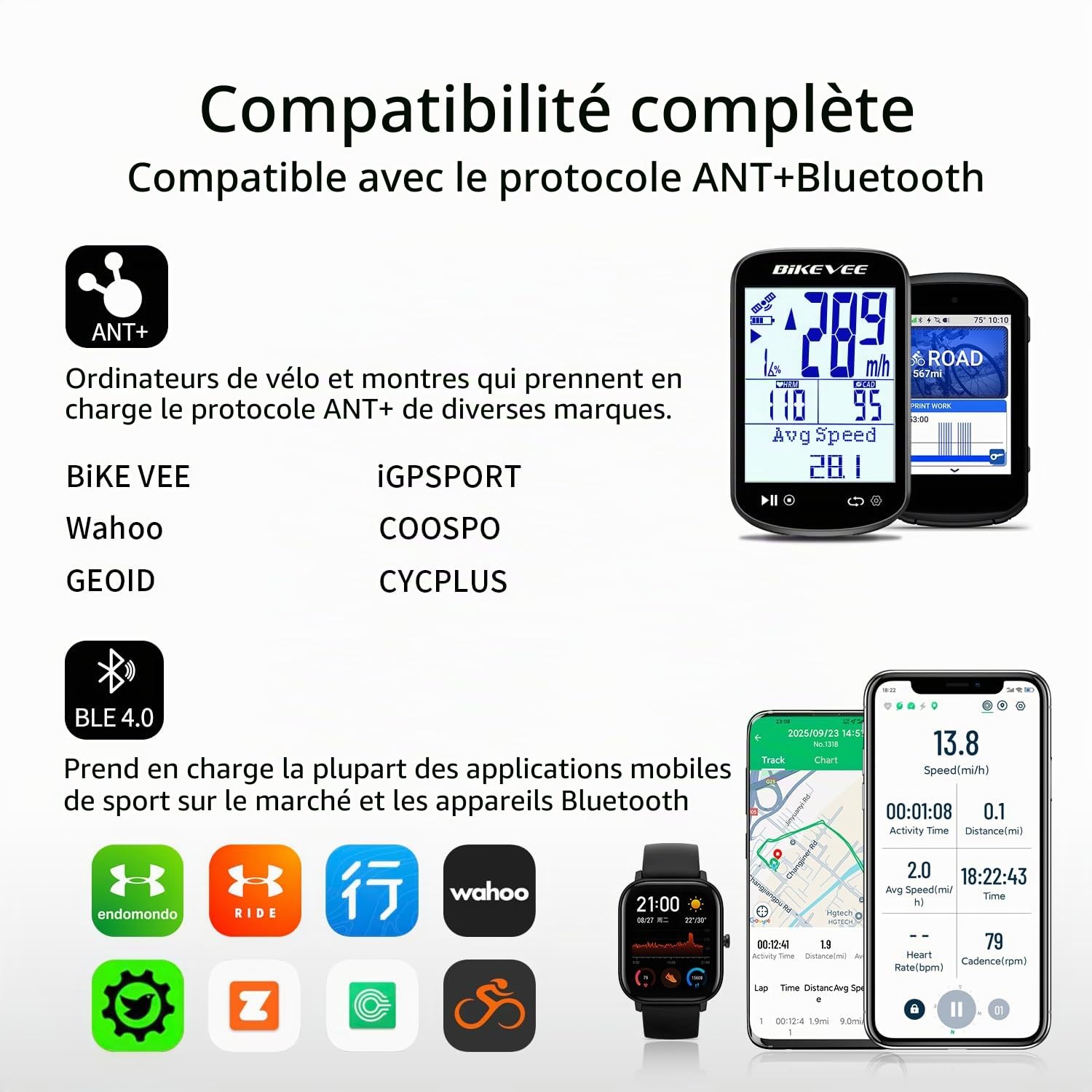 Ordinateur de vélo GPS sans fil ANT+ Bluetooth 2,6" Écran en verre Batterie 50H