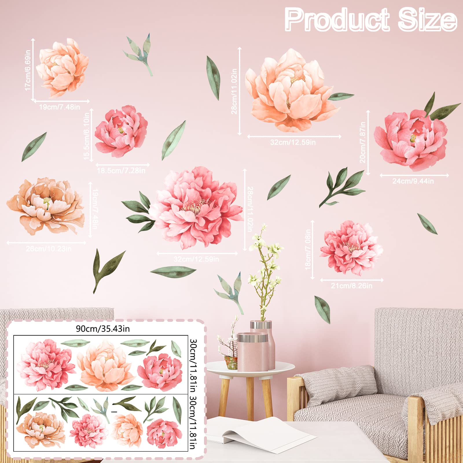 Calcomanías de pared de flores de peonía, calcomanías de pared con diseño de peonías elegantes, rosas de peonías, flores rosadas, apliques artísticos para sala de estar, dormitorio, habitación de