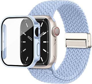 [Knossen] コンパチブル Apple Watch バンド ナイロン 編み込み 伸縮性 アップルウォッチ バンド マグネット 磁気 直角エッジ保護ケース付き Apple Watch ベルトとカバー 一体型 セット 耐衝撃 全面保護 装着簡単 スポーツ Series 9 8 7の45mmに対応