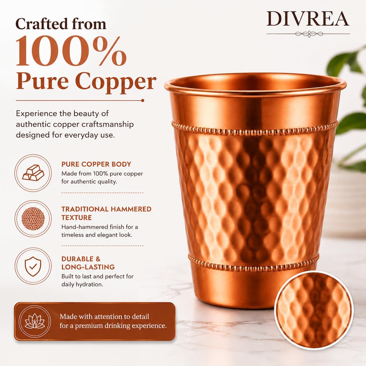 Hammered Pure Copper Water Drinking Glasses Set of 2 Large 13 Oz