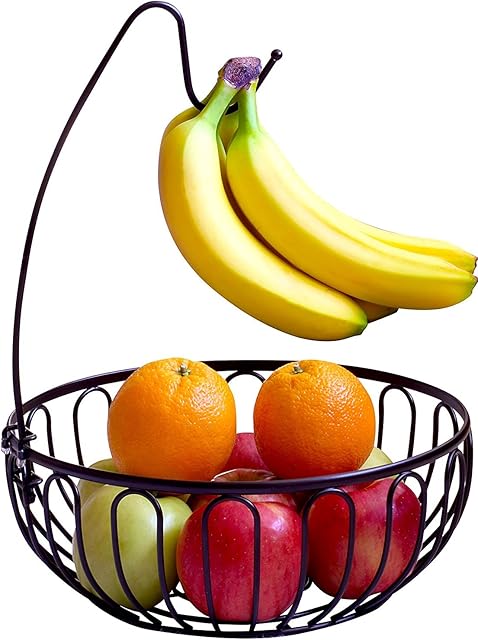 AYMAZE Fruit Bowl with Removable Banana Hanger, Black Large Baskets for Storage