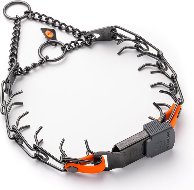 Coleira de Pinos para Cães Herm Sprenger em Aço Inoxidável Preto com Fecho ClicLock, Argola O-Ring e Inserto Biothane Hunter Orange, 40,64 cm x 2,25 mm