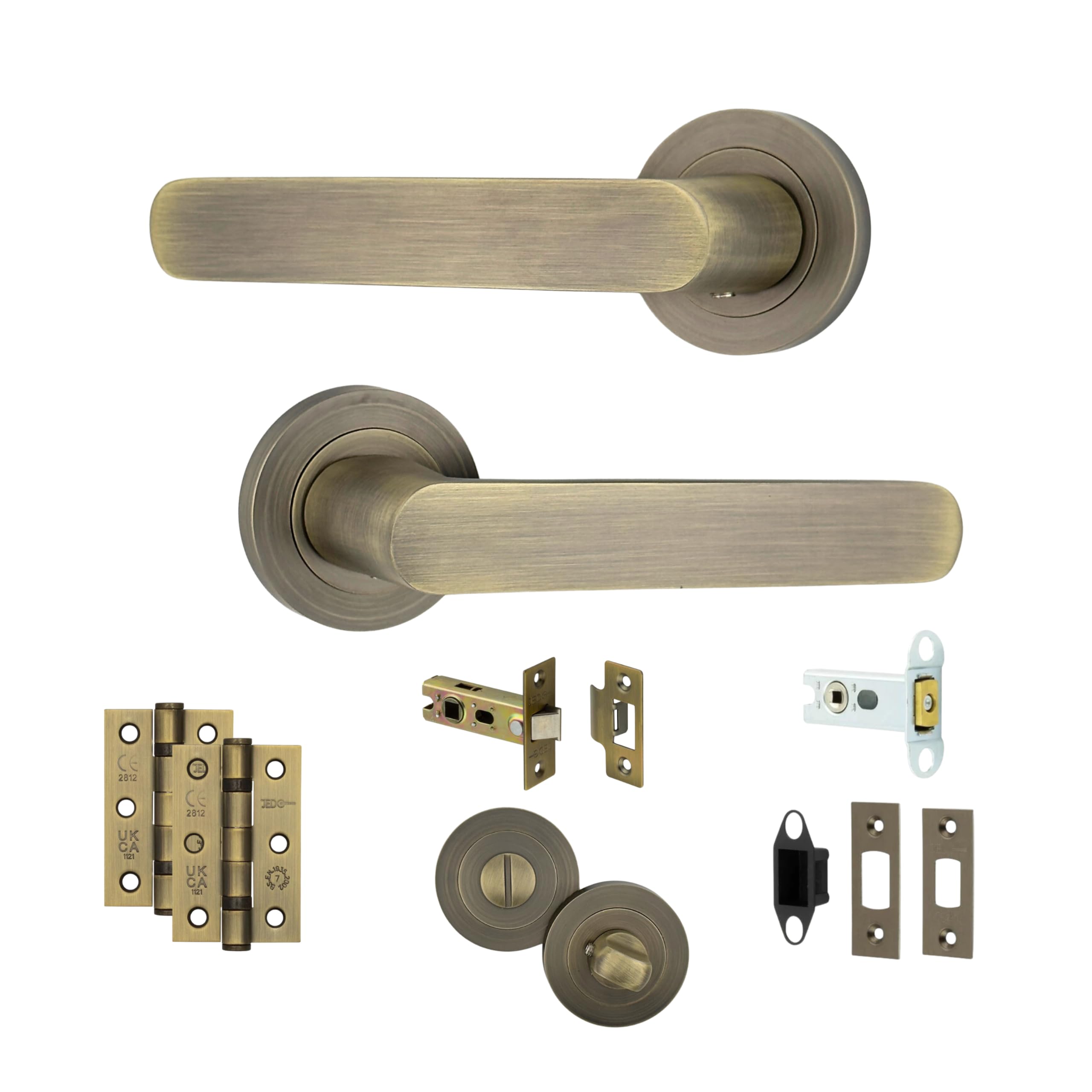 AXS Harlem Door Handle Pair on Rose – Internal Lever Handles with Sleek Bar Design – Latch & Bathroom Door Pack Options – Matt Black, Satin Brass, Antique Brass (Antique Brass, Bathroom Door Pack)