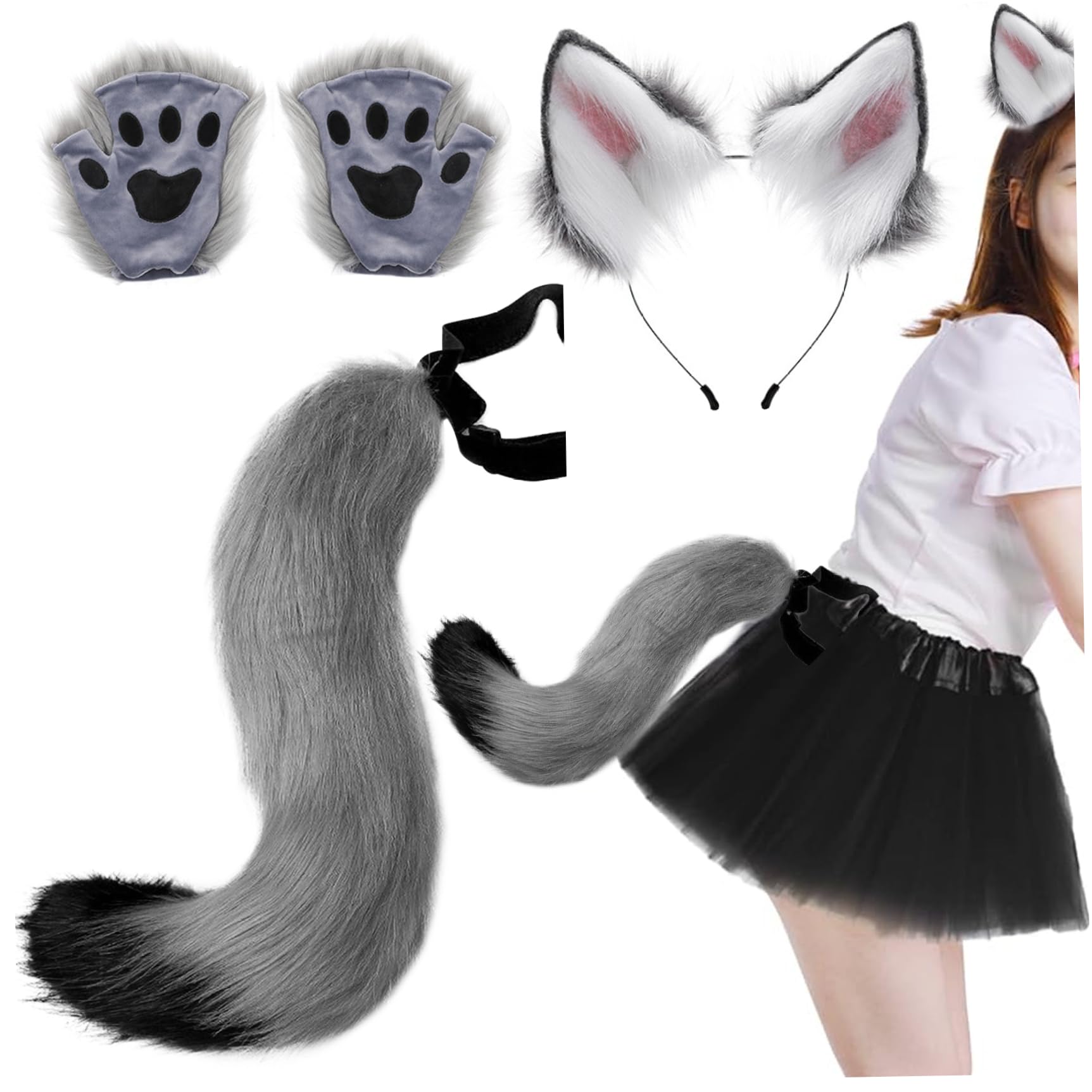 SMELEYOU Therian Gear Fox Ears and Tail Therian Paws 3 Pack Faux Fur Therian Gear Fluffy Funny Fox Costume Adult Women Men for Role Play Party
