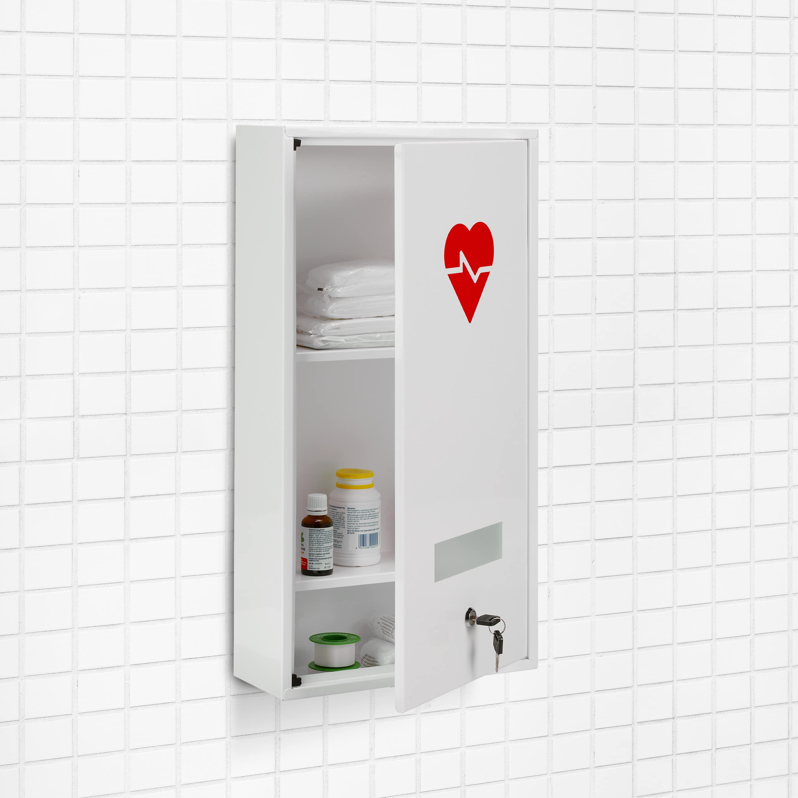 Relaxdays Armoire à Pharmacie, verrouillable, 3 Niveaux, Acier, HLP: 60x30x12 cm, étagère à médicaments, Maison, Blanc