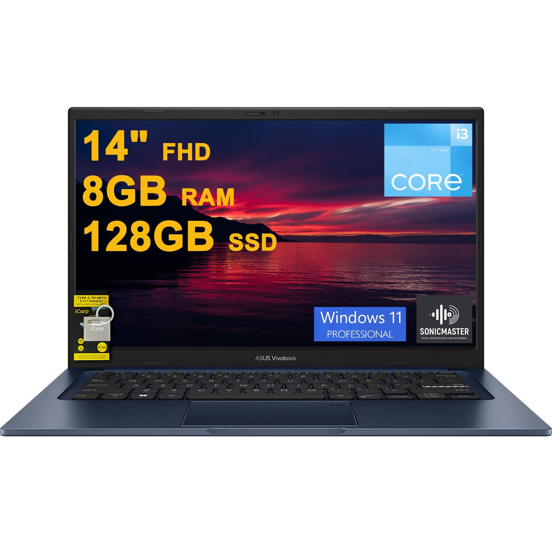 ASUS VivoBook 14 Business Laptop 14" FHD Anti-Glare Intel 6-core i3-1215U 8GB DDR4 128GB SSD Type-C Privacy Camera SonicMaster Fast Charging Win11Pro