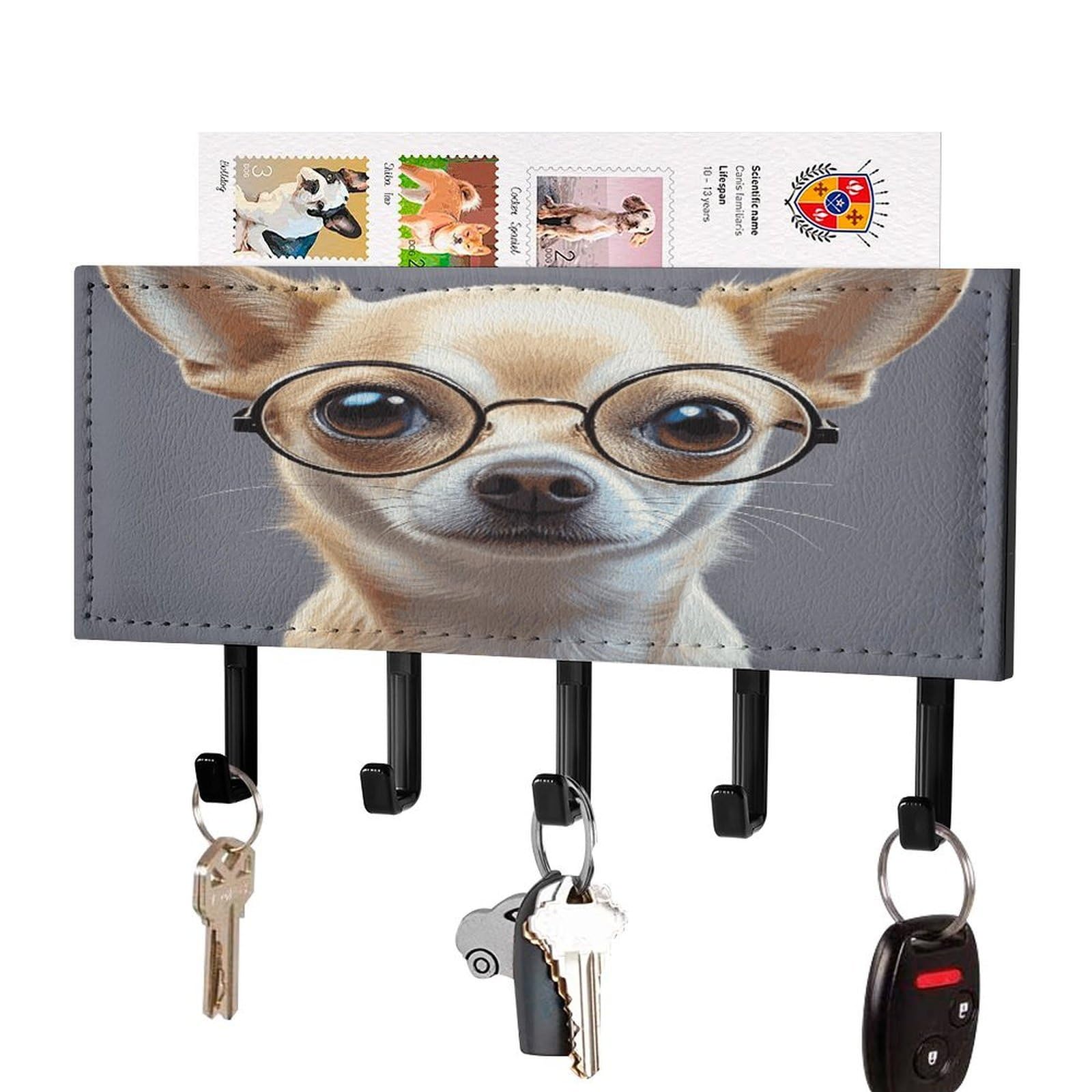 Fekiloot Black-Style Chihuahua Dog Glasses Key Holder Wall Mount Decorative Key And Mail Holder With 5 Hooks Key Hanger Organizer Pu Key Rack Decorative Home Decor For Wall Living Room Entryway Office