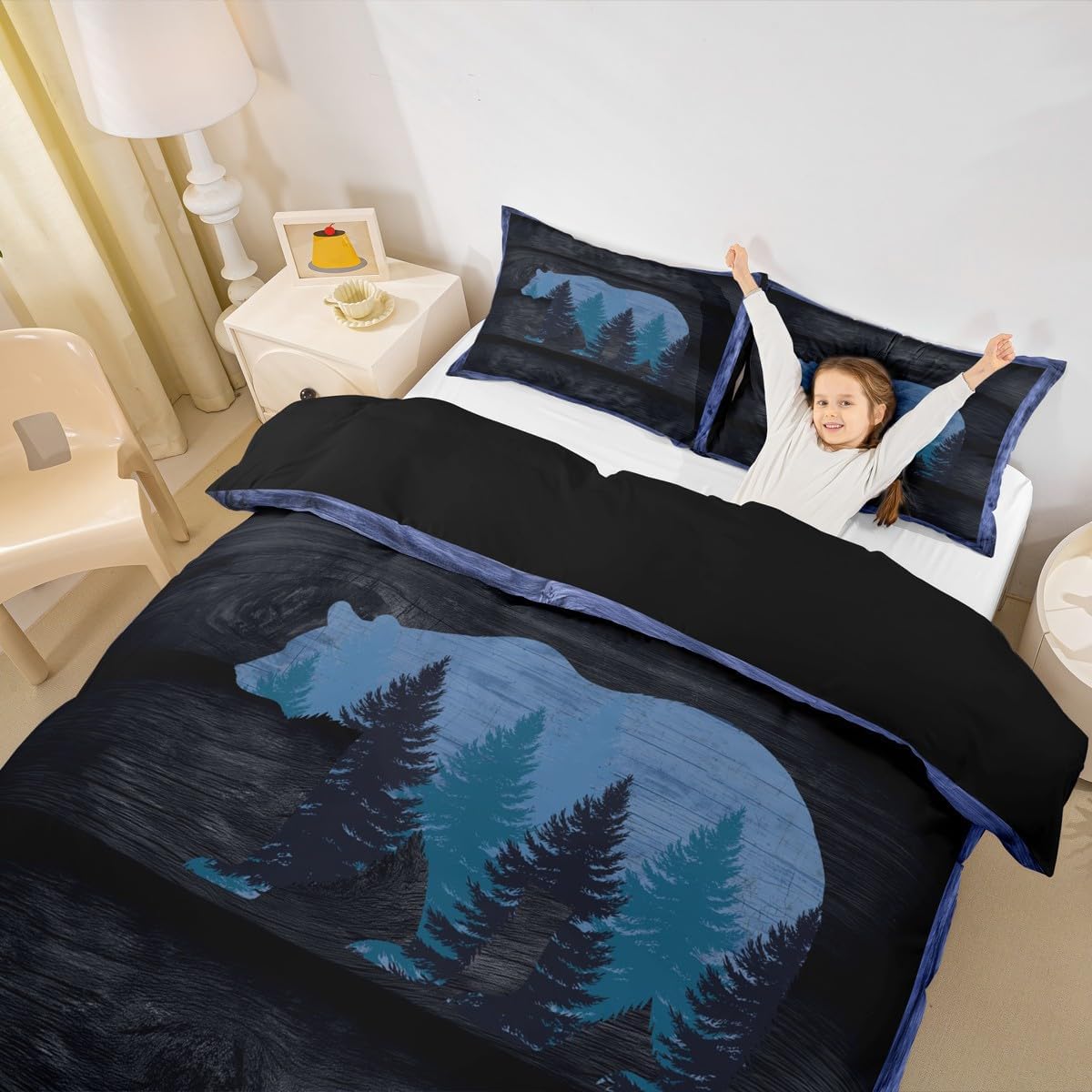 Bear Silhouette Duvet Cover Queen Size Jungle Wild Animal Pine Tree Decor Comforter Cover with 2 Pillowcases(No Comforter) Rustic Farmhouse Style Bedding Set for Kids Boys Girls Blue 3 Pieces