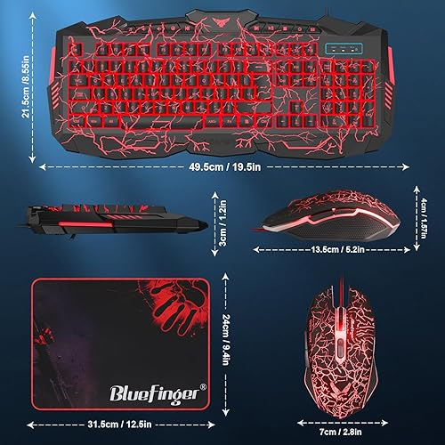 Miniatura 7 de Conjunto de teclado y ratón con retroiluminación para juegos BlueFinger, con cable USB, teclado y ratón con retroiluminación, juego multimedia,