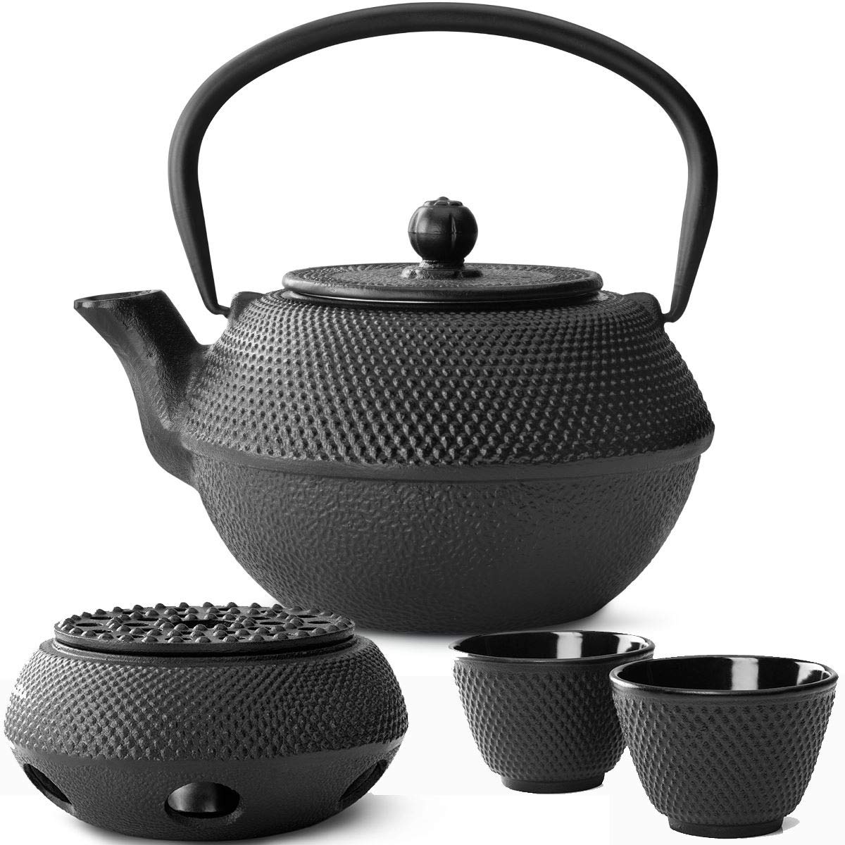 Bredemeijer Gusseisen Teekannen-Set Asia Jang 1,1 Liter - asiatisches Teeset mit Stövchen & 2 Tassen, emailliert, inkl. Edelstahl-Filter, schwarz - Geschenkidee für Teeliebhaber