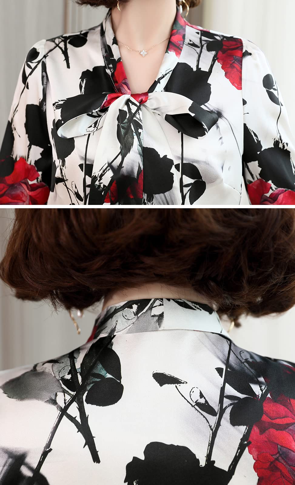 E-girl Blusa de seda para mujer con estampado de botones camisas blusa de manga larga corbata blusa de seda S1912-1
