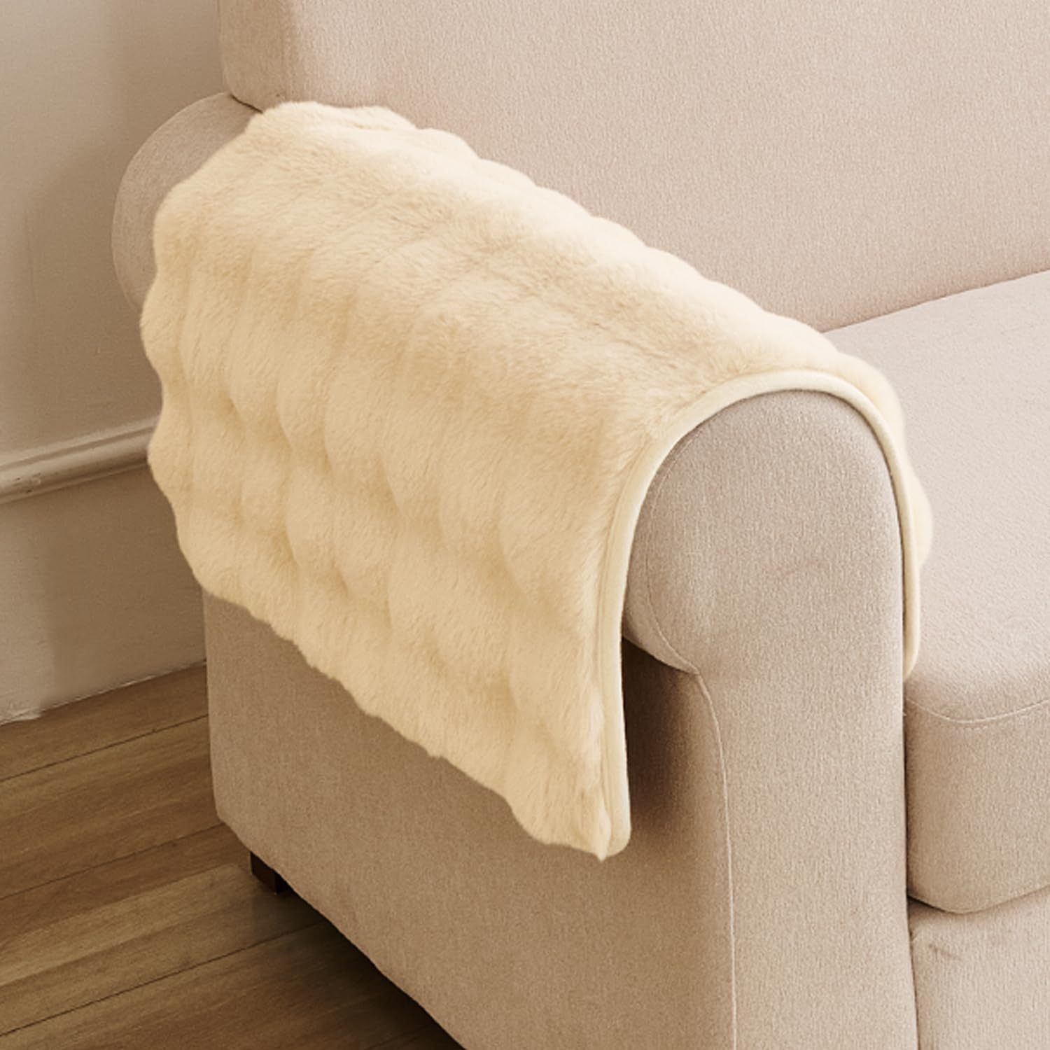HOKIPO 'FurHug' Faux Rabbit Fur Armrest Cover, Beige, Pack of 2 (AR-5149-L-CRM*2)-image-22