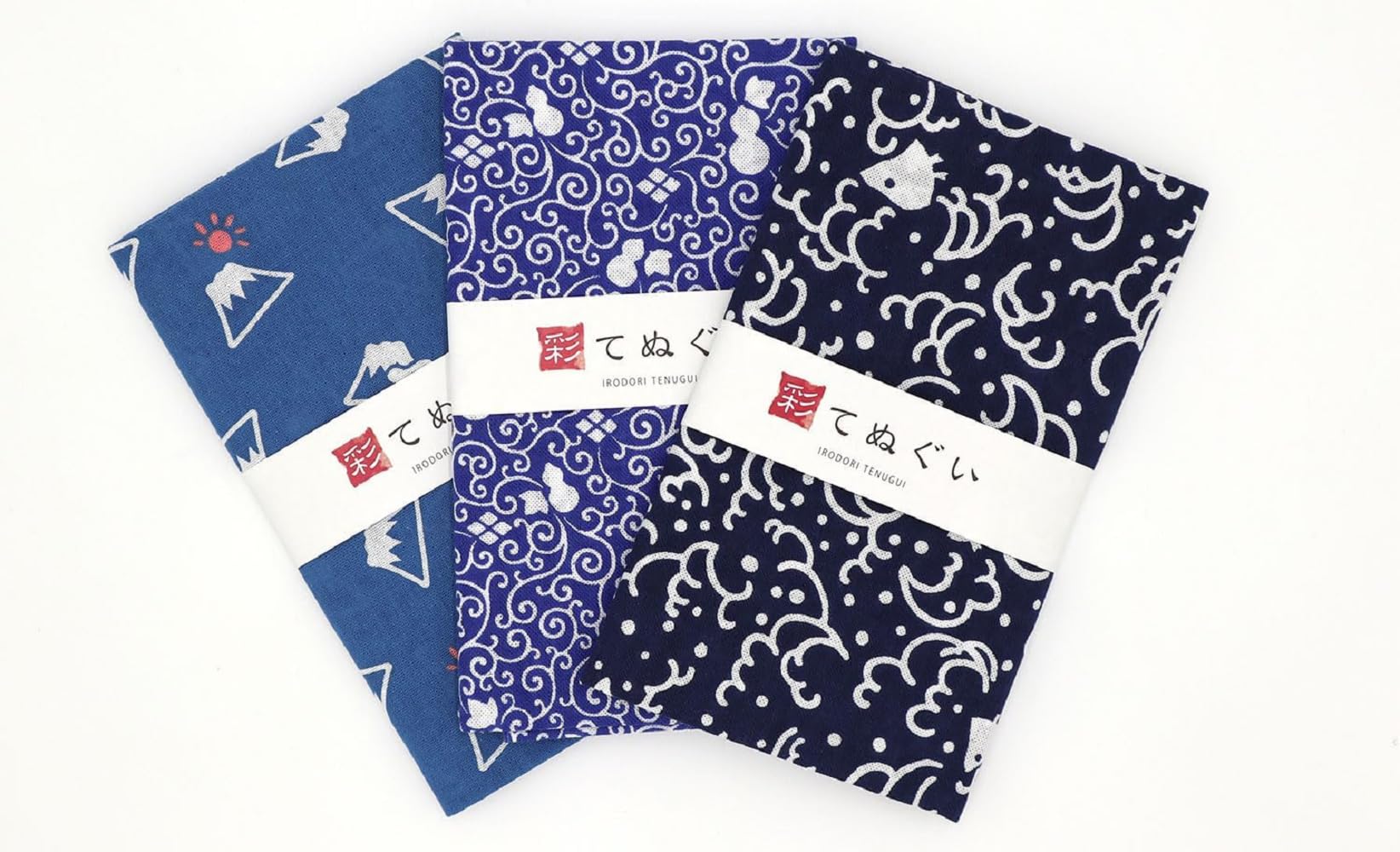 irodori Japanese Traditional Towel Tenugui Blue Pattern with Fray Prevention Processing Set of 3 with Tenugui Iroha (English Manual)