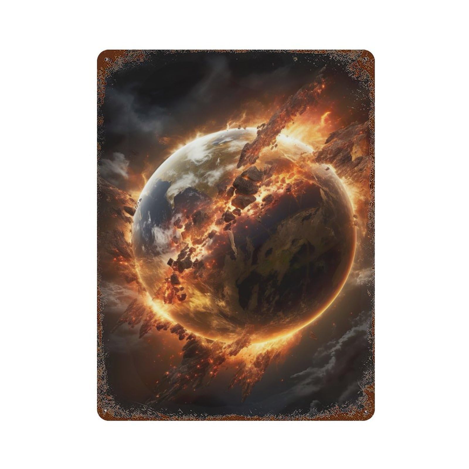 Vintage Rust Metal Sign with Exploding Earth Planet Design 15.7"x11.8", for Shed, Workshop And Garage Wall Decor, Classic Wall Plaque