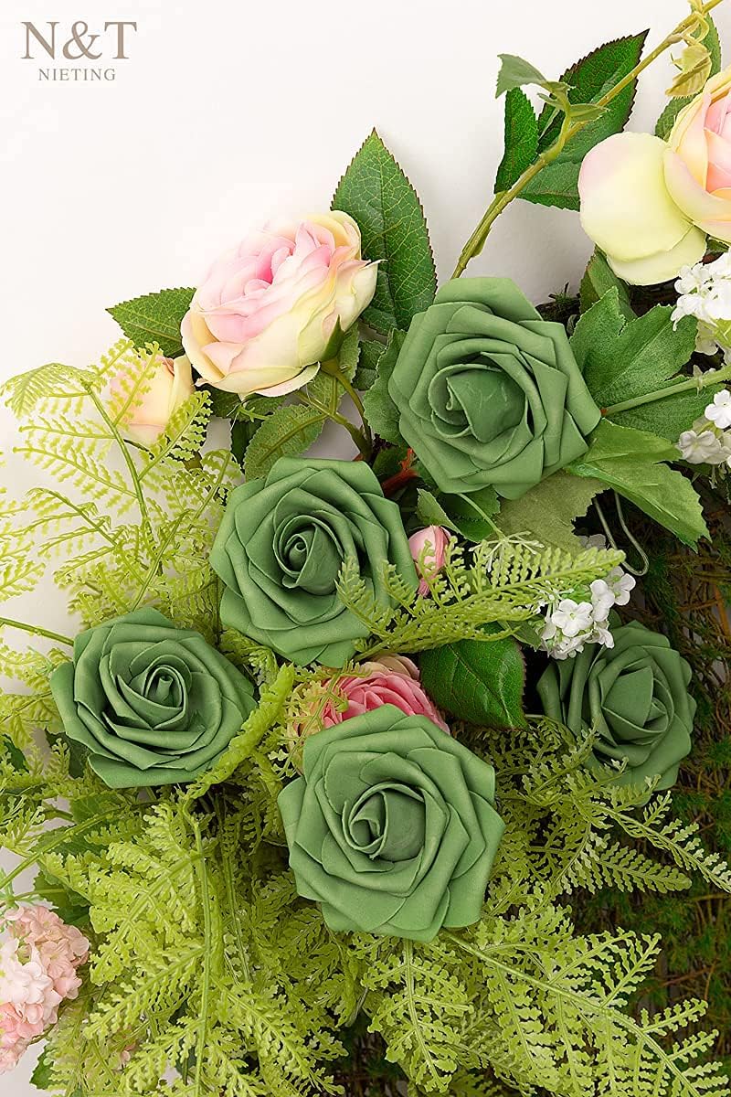 N&T NIETING Roses Artificial Flowers, 25pcs Artificial Flowers Foam Flowers with Stems for DIY Cake Decoration Wedding Party Home Decoration, Army Green - Image 6