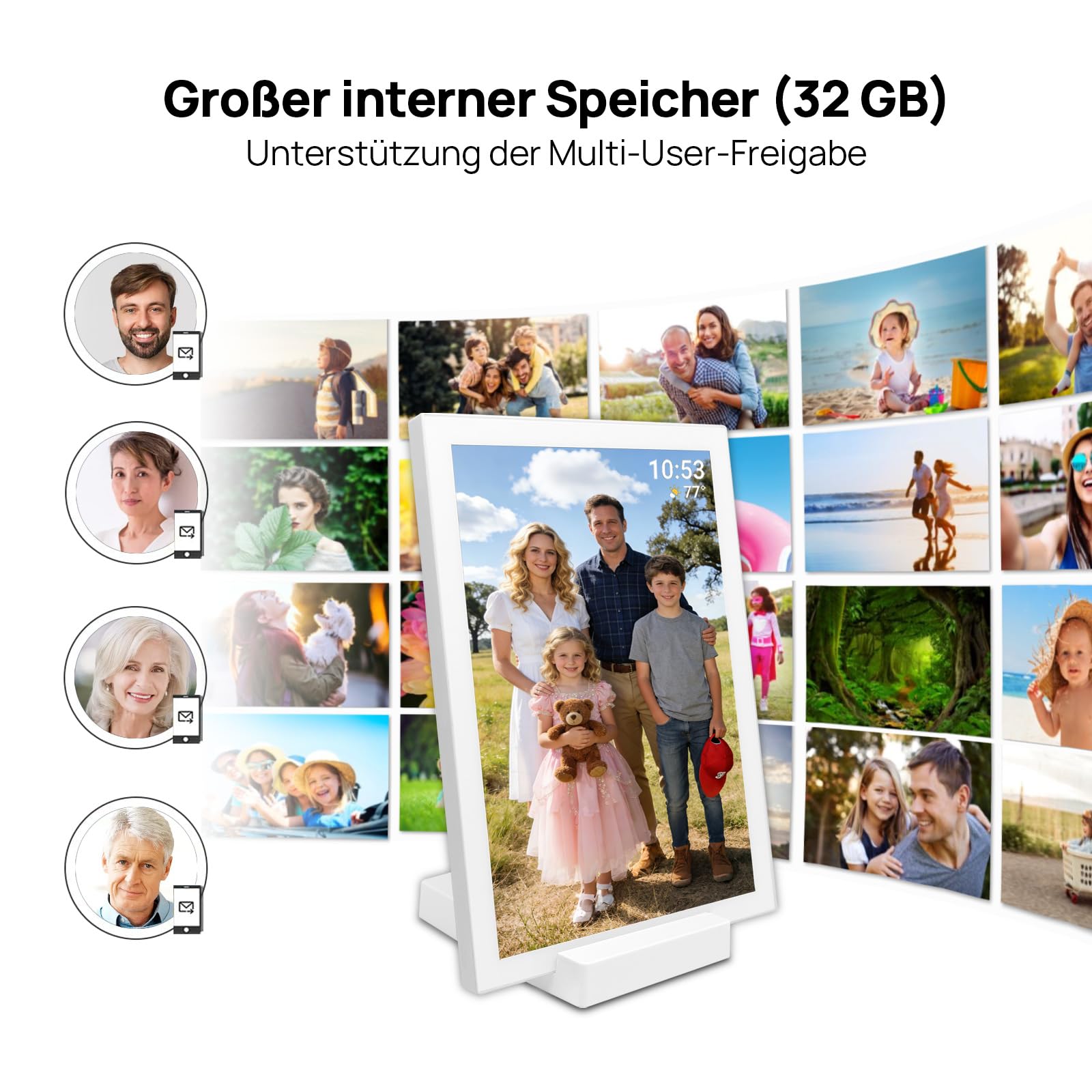 Frameo Digitaler Bilderrahmen 10,1 Zoll WLAN, 5000mAh Akku mit kabelloser Ladestation, 32GB Speicher, HD IPS Touchscreen, Auto-Rotation, Sofortiges Teilen von Fotos und Videos via Frameo App– Der idea