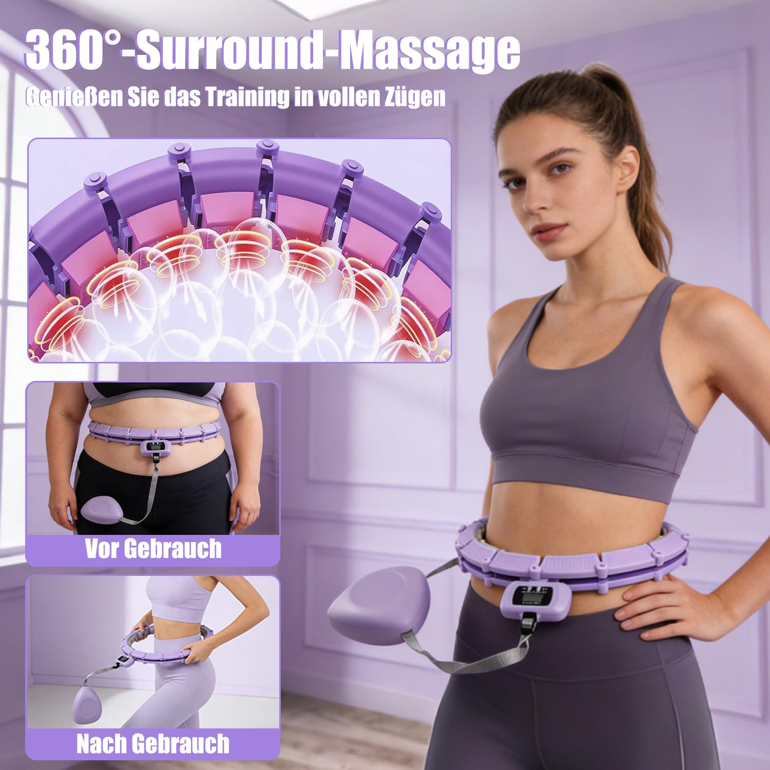 Smart Hula Hoop Reifen Erwachsene und Anfänger mit Gewicht Kugel und Zähler, 24 Knoten Umfang (74-120cm) Hula Hoop mit Hüftgürtel, Abnehmbarer, zum Abnehmen und Fit Werden, Geräuscharm, Frau/Männer