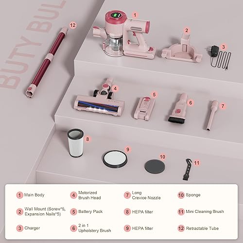 Miniatura 6 de Aspiradora inalámbrica, batería recargable de mano de 30 KPa, escoba eléctrica ligera, pequeña, rosa, 40 minutos de tiempo de ejecución para el