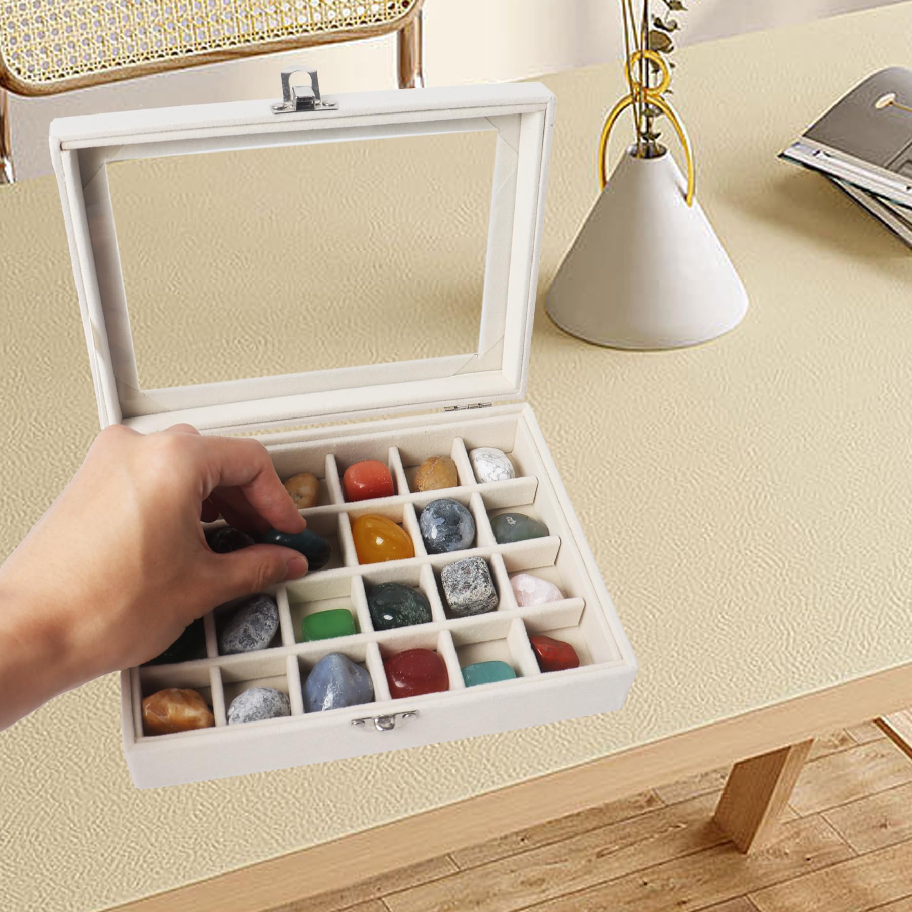 Dmnnlp Vitrina De 24 Rejillas Con Tapa Transparente – Caja De Terciopelo Para Coleccionar Rocas, Minerales, Joyas Y Fósiles (20x15x5 Cm)