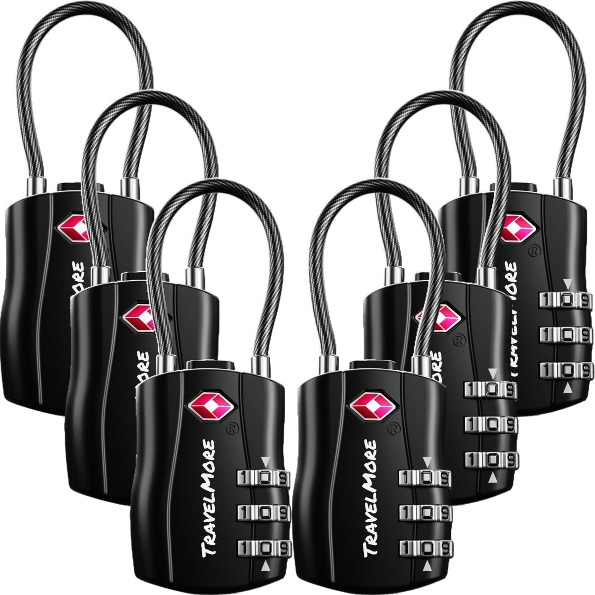 TSA Suitcase Locks Luggage Lock with Flexible Cable TSA Lock for Air Travel Locks for Suitcases Backpacks Luggage 6 Pack Black