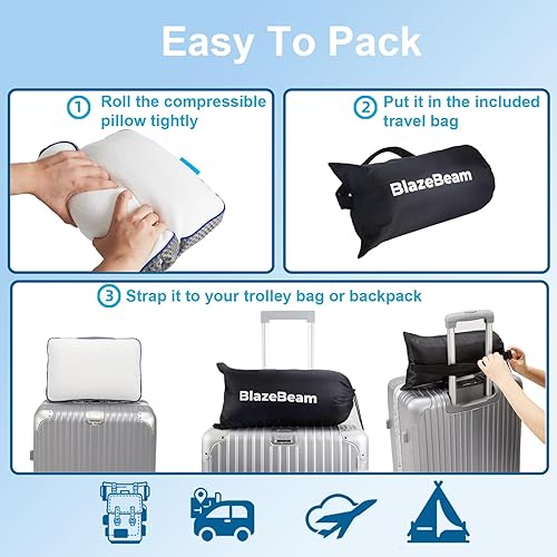 Miniatura 6 de BlazeBeam Almohada de campamento de doble funda de espuma viscoelástica para viajes con extensor de altura, 5 capas de apoyo firme, almohada de