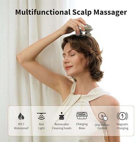 Miniatura 2 de Breo Portable Mini Scalp Massager – IPX7 Waterproof Rechargeable Head Massager for Scalp Relax, Stress Relief Tool with Bamboo Wood Charging Base,