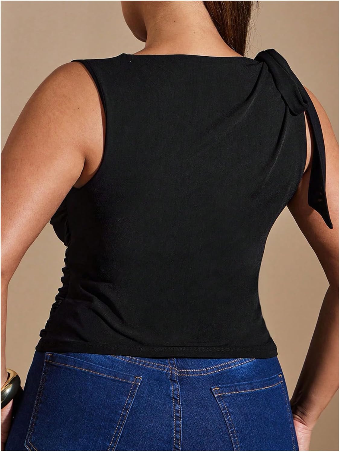 WDIRARA Women's Plus Size Tie Shoulder Tank Top Asymmetrical Neck Sleeveless Tops - Image 6