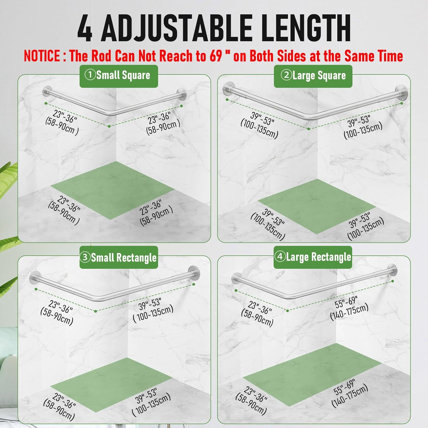 L Shaped Shower Curtain Rod, [23''-53''] x [23''-53''] Adjustable Corner Shower Curtain Rod, 90 Degree Shower Rod for Bathroom Bathtub, Clothing Store with 12 Ring Hooks & Ceiling Support Silver